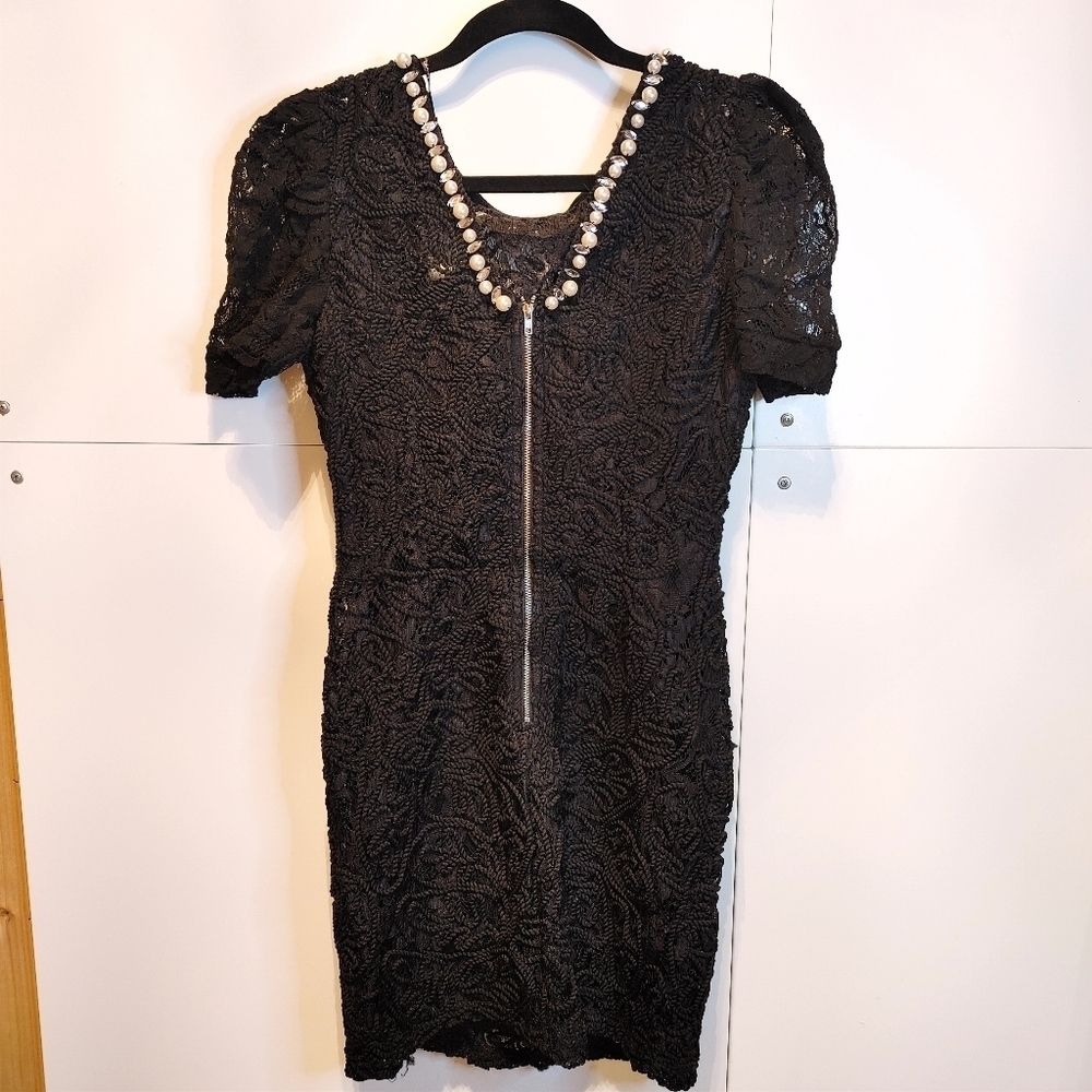Black Lace Pearl Embellished Dress | Elegant LBD Cocktail Dress - Picture 8 of 8